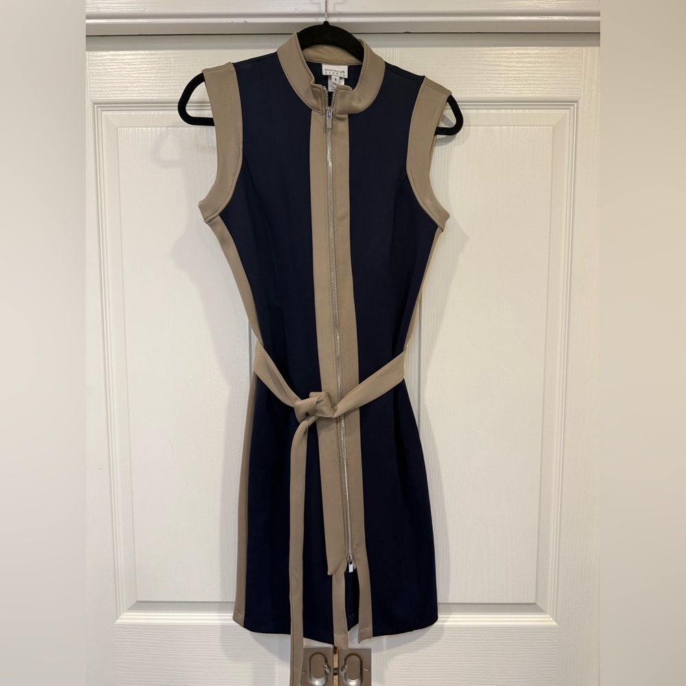 Enfocus Studio Colorblock Zip Front Sheath Dress Navy & Taupe Size 6